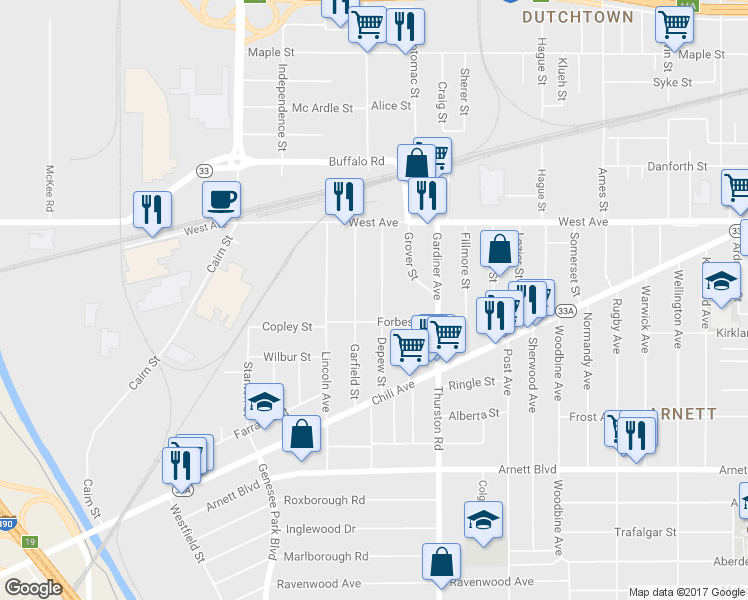map of restaurants, bars, coffee shops, grocery stores, and more near 113 Depew Street in Rochester