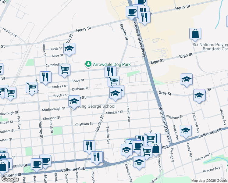 map of restaurants, bars, coffee shops, grocery stores, and more near 125 A Stanley Street in Brantford