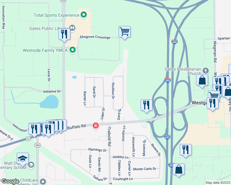 map of restaurants, bars, coffee shops, grocery stores, and more near 16 Rocklea Drive in Rochester