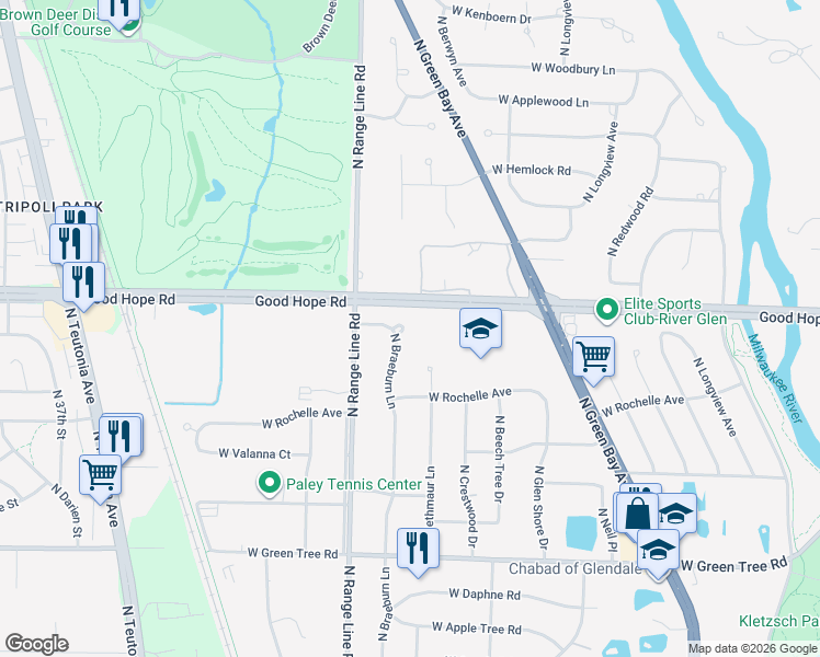 map of restaurants, bars, coffee shops, grocery stores, and more near 7050 North Braeburn Lane in Glendale