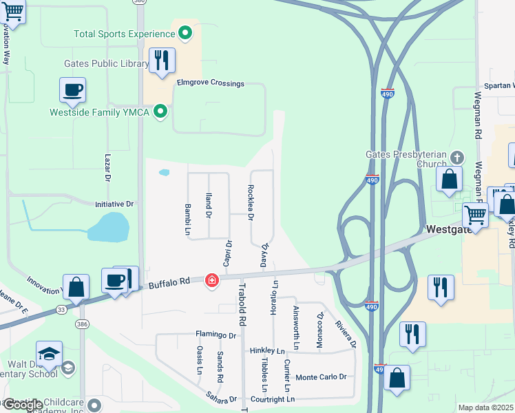 map of restaurants, bars, coffee shops, grocery stores, and more near 16 Rocklea Drive in Rochester