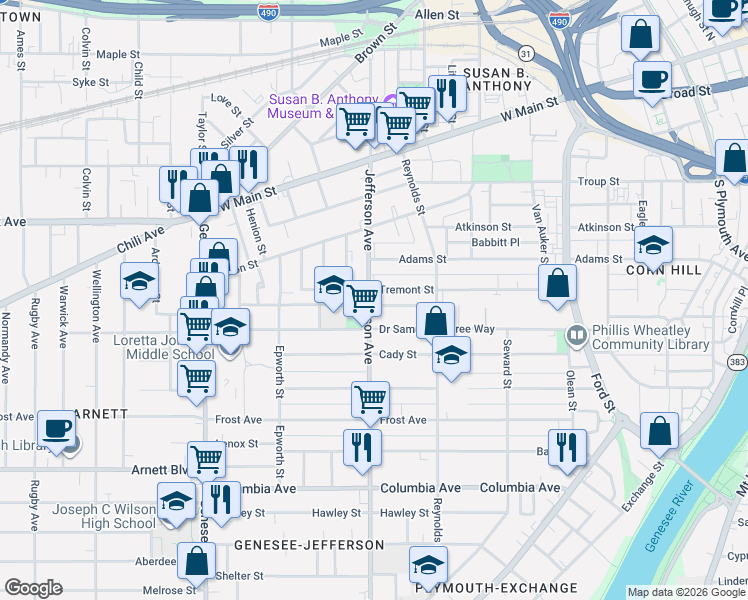 map of restaurants, bars, coffee shops, grocery stores, and more near 376 Jefferson Avenue in Rochester