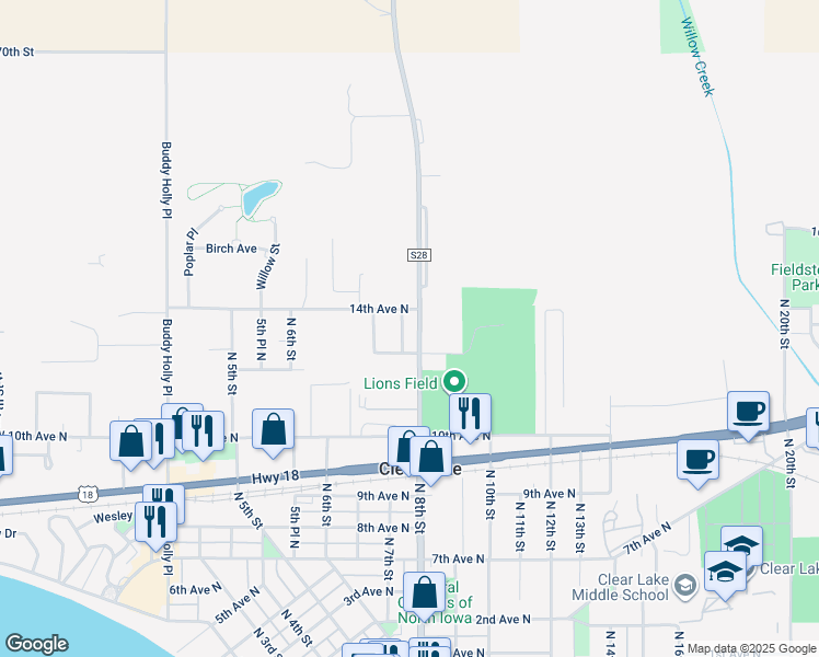 map of restaurants, bars, coffee shops, grocery stores, and more near 1300 7th Place North in Clear Lake