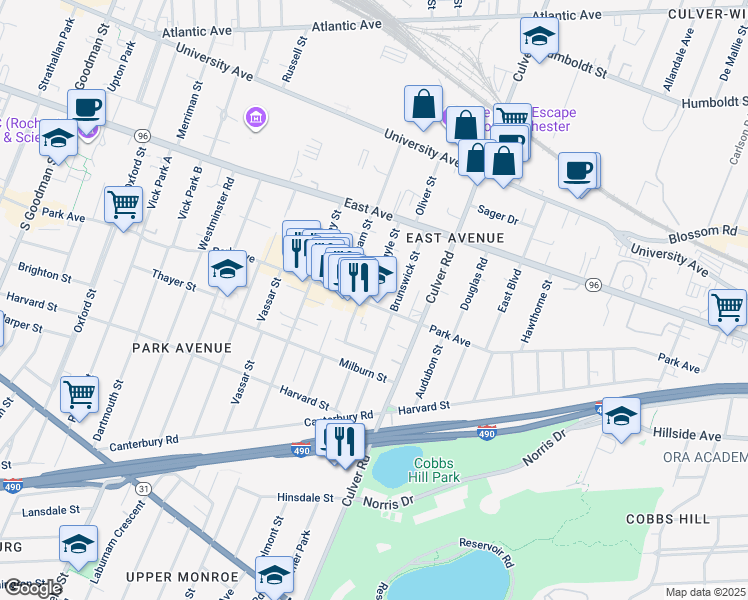 map of restaurants, bars, coffee shops, grocery stores, and more near 126 Argyle Street in Rochester