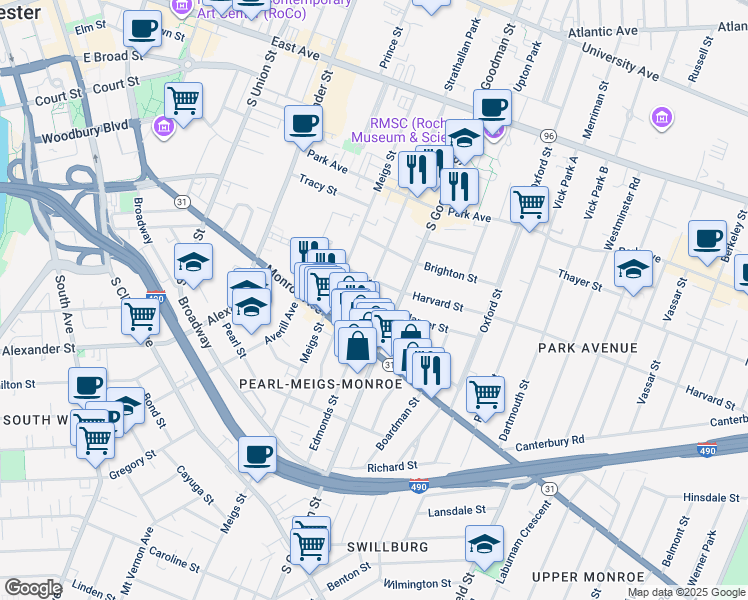 map of restaurants, bars, coffee shops, grocery stores, and more near 315 South Goodman Street in Rochester