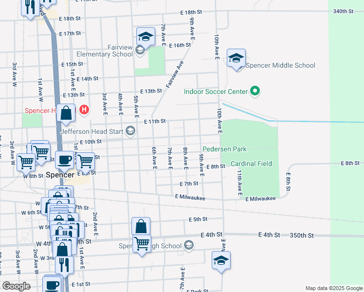 map of restaurants, bars, coffee shops, grocery stores, and more near 911 8th Avenue East in Spencer