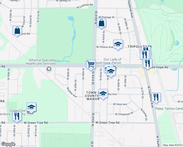 map of restaurants, bars, coffee shops, grocery stores, and more near 7139 North 43rd Street in Milwaukee