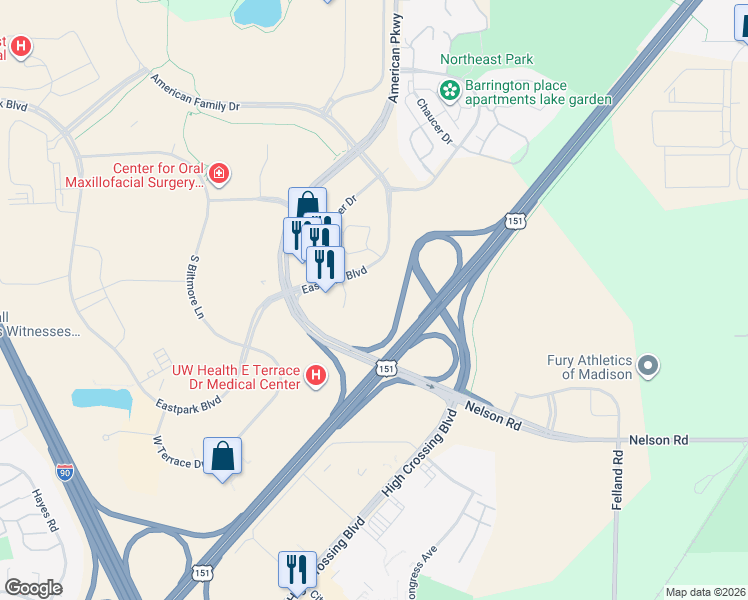 map of restaurants, bars, coffee shops, grocery stores, and more near 5601 South Park Street in Madison