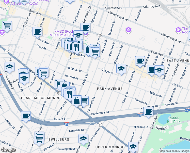 map of restaurants, bars, coffee shops, grocery stores, and more near 96 Rutgers Street in Rochester