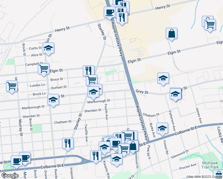 map of restaurants, bars, coffee shops, grocery stores, and more near 380 Grey Street in Brantford