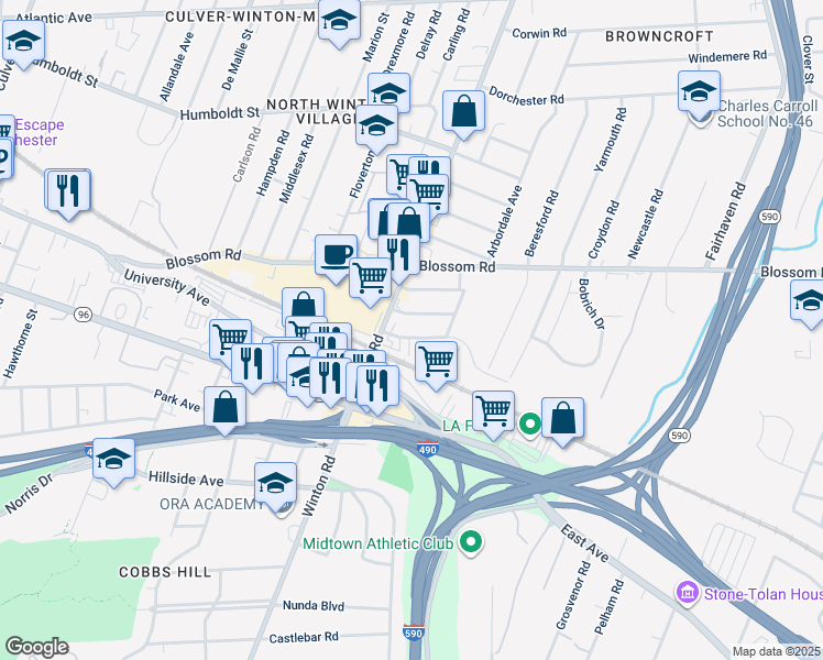 map of restaurants, bars, coffee shops, grocery stores, and more near 40 Halstead Street in Rochester
