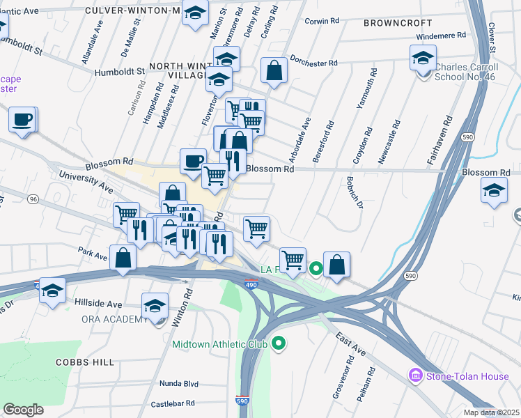 map of restaurants, bars, coffee shops, grocery stores, and more near 15 Shirley Street in Rochester