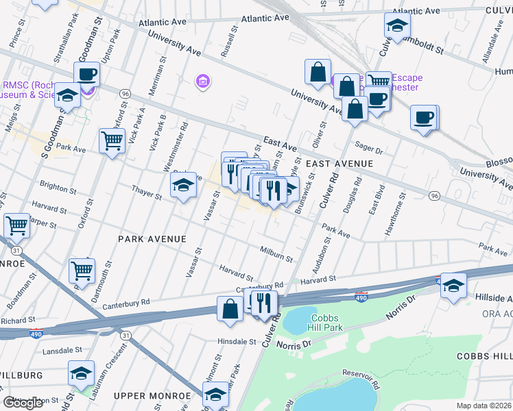 map of restaurants, bars, coffee shops, grocery stores, and more near 707 Park Avenue in Rochester