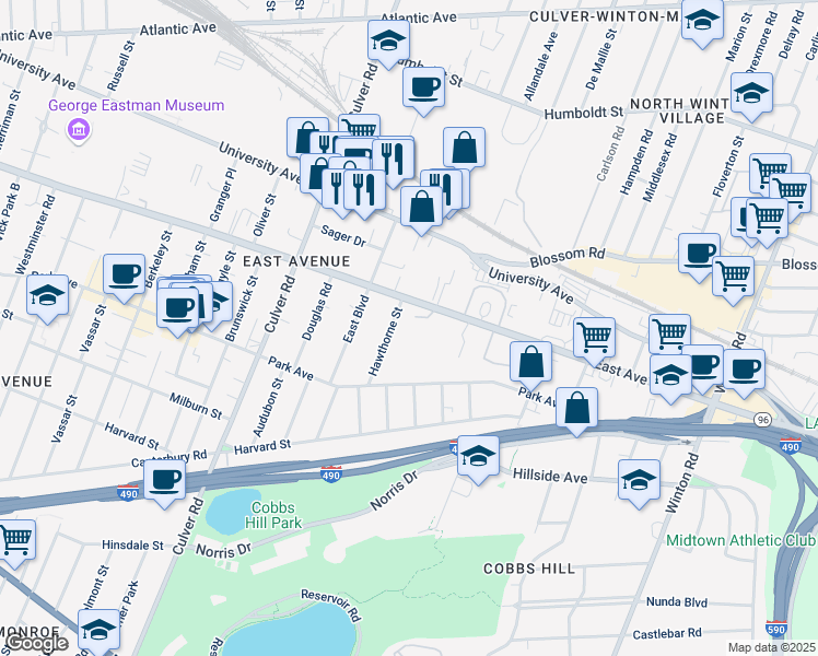 map of restaurants, bars, coffee shops, grocery stores, and more near 73 Hawthorn Street in Rochester