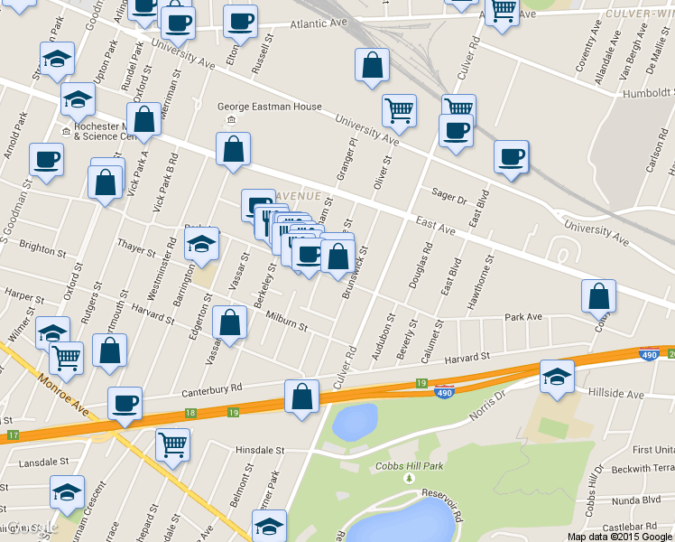 map of restaurants, bars, coffee shops, grocery stores, and more near 126 Argyle Street in Rochester