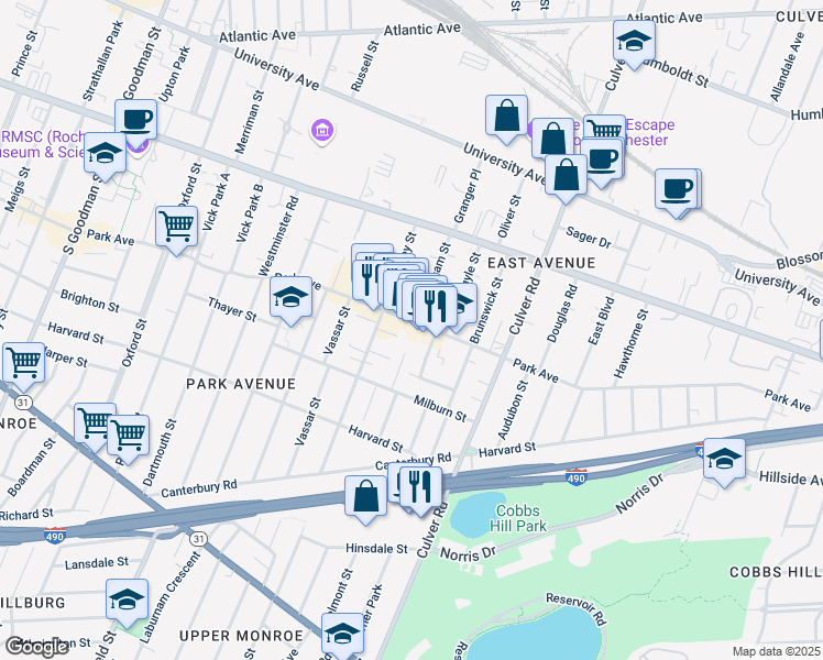 map of restaurants, bars, coffee shops, grocery stores, and more near 707 Park Avenue in Rochester