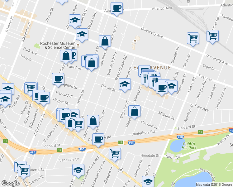 map of restaurants, bars, coffee shops, grocery stores, and more near 202 Westminster Road in Rochester