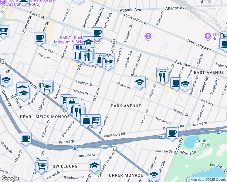 map of restaurants, bars, coffee shops, grocery stores, and more near 84 Dartmouth Street in Rochester