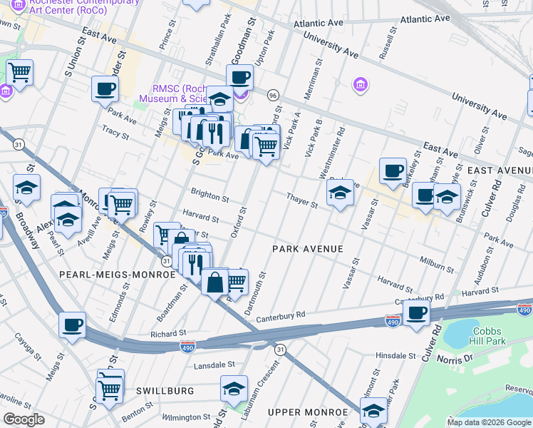 map of restaurants, bars, coffee shops, grocery stores, and more near 96 Rutgers Street in Rochester