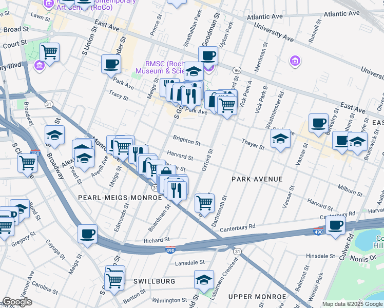 map of restaurants, bars, coffee shops, grocery stores, and more near 168 Harvard Street in Rochester