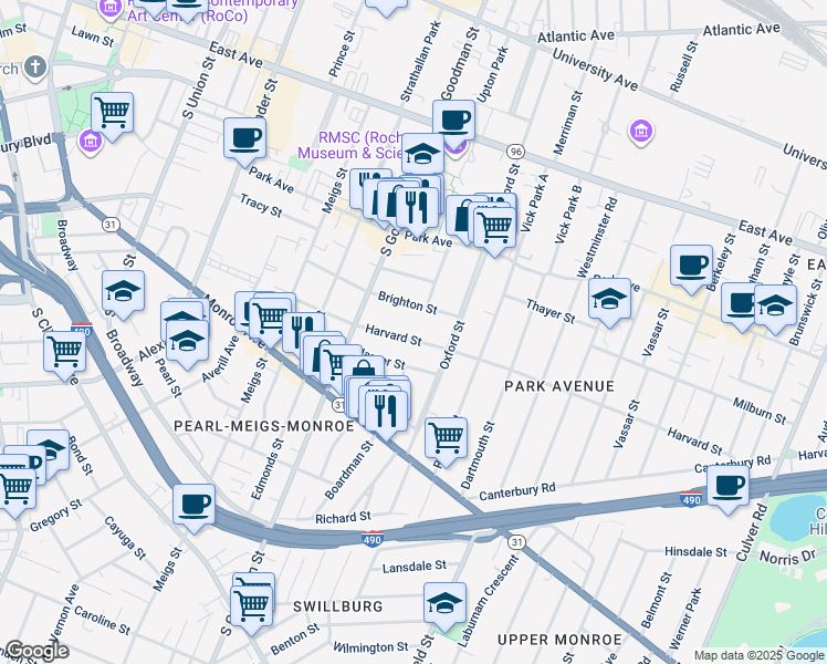 map of restaurants, bars, coffee shops, grocery stores, and more near 168 Harvard Street in Rochester