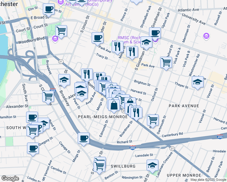map of restaurants, bars, coffee shops, grocery stores, and more near 55 Rowley Street in Rochester