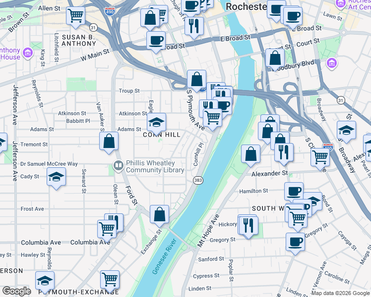 map of restaurants, bars, coffee shops, grocery stores, and more near 235 South Fitzhugh Street in Rochester