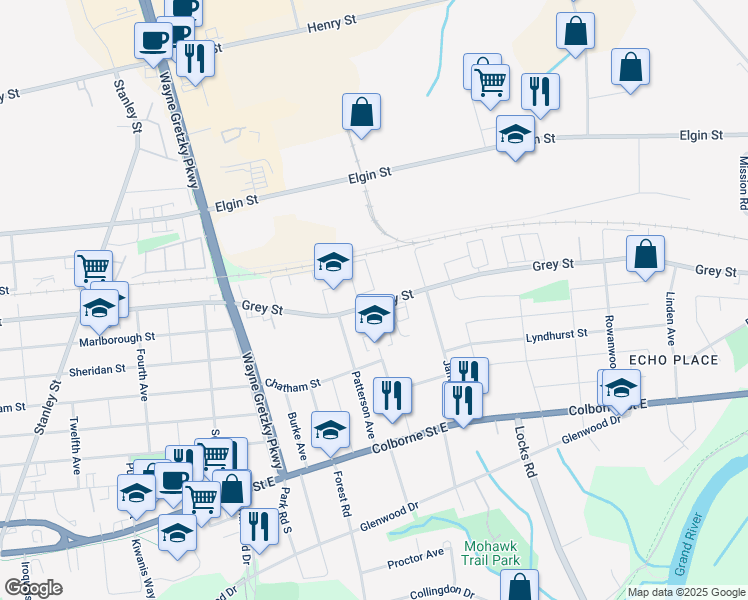 map of restaurants, bars, coffee shops, grocery stores, and more near 492 Grey Street in Brantford