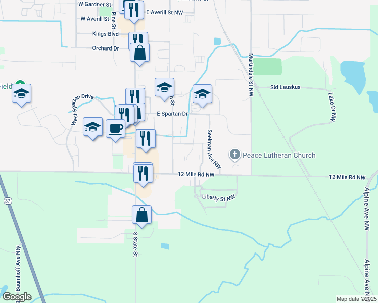 map of restaurants, bars, coffee shops, grocery stores, and more near 181 Clark Street Northwest in Sparta