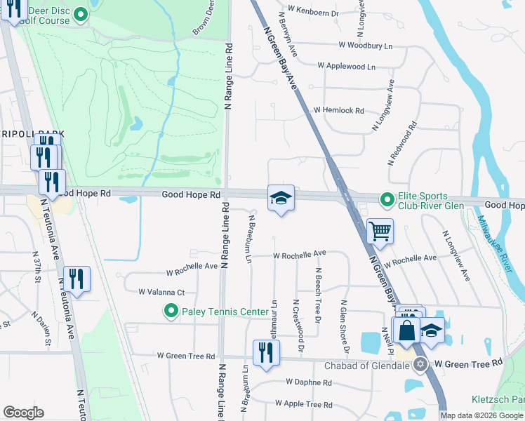 map of restaurants, bars, coffee shops, grocery stores, and more near 7050 North Braeburn Lane in Glendale