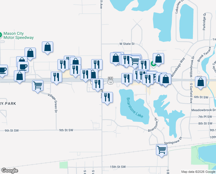 map of restaurants, bars, coffee shops, grocery stores, and more near 459-543 South Taft Avenue in Mason City