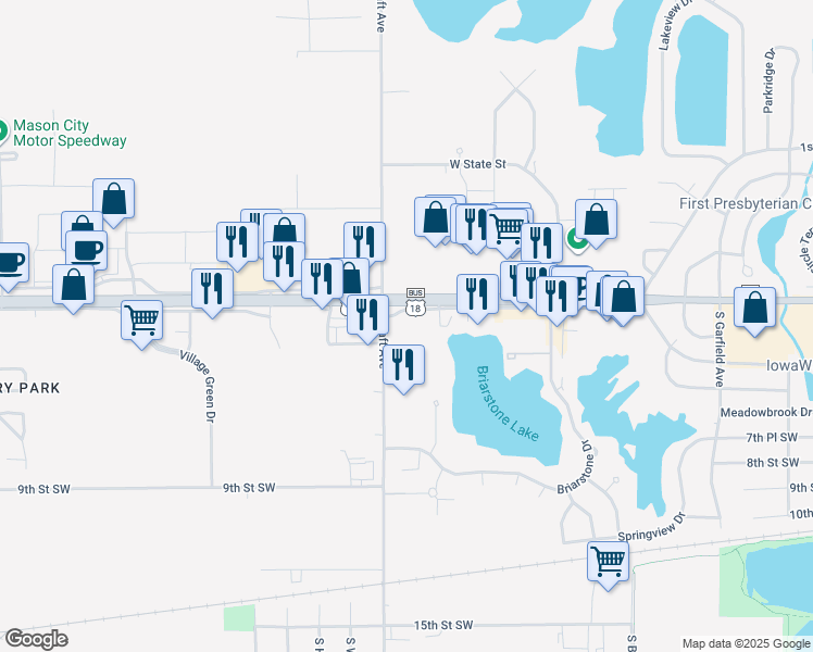 map of restaurants, bars, coffee shops, grocery stores, and more near 2601 4th Street Southwest in Mason City