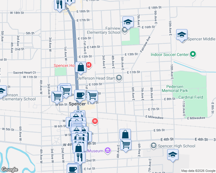 map of restaurants, bars, coffee shops, grocery stores, and more near 306 E 10th St in Spencer