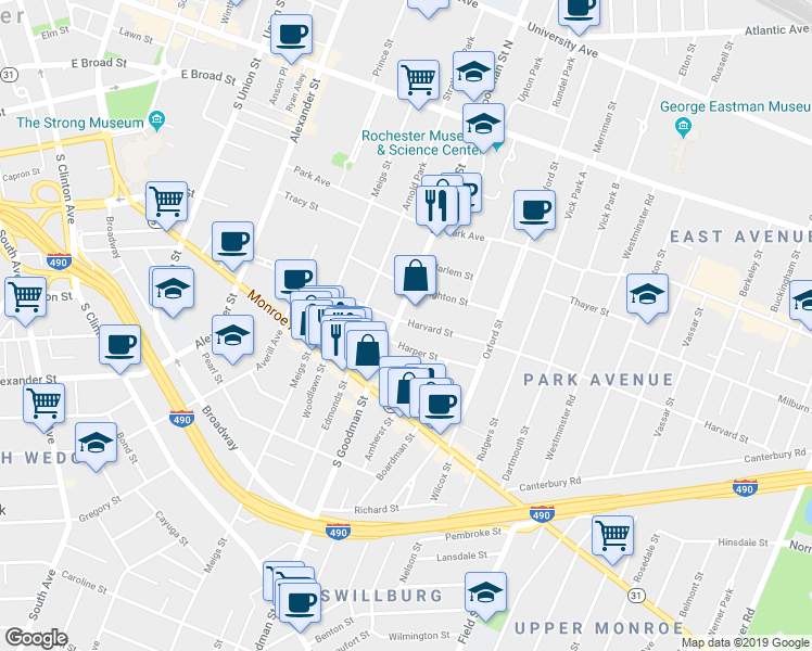 map of restaurants, bars, coffee shops, grocery stores, and more near 105 Harvard Street in Rochester