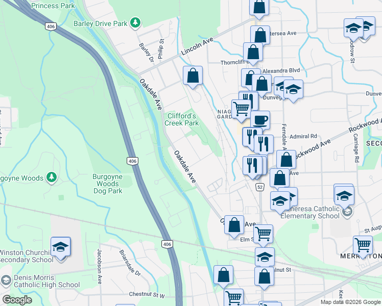 map of restaurants, bars, coffee shops, grocery stores, and more near 5 Haight Street in St. Catharines