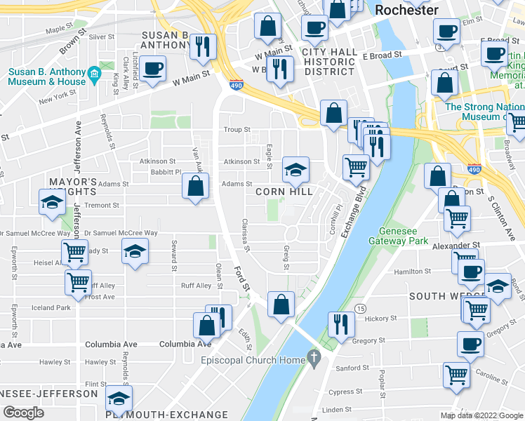 map of restaurants, bars, coffee shops, grocery stores, and more near 97 Tremont Circle in Rochester