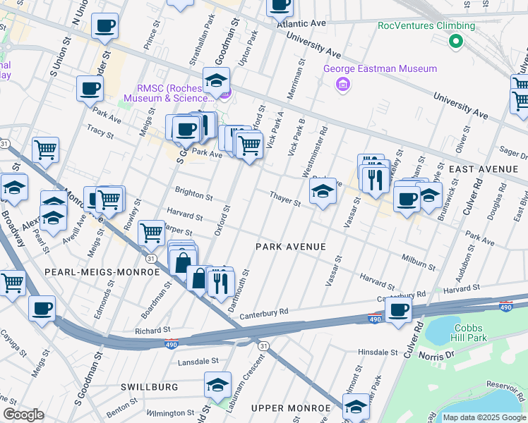 map of restaurants, bars, coffee shops, grocery stores, and more near 83 Dartmouth Street in Rochester