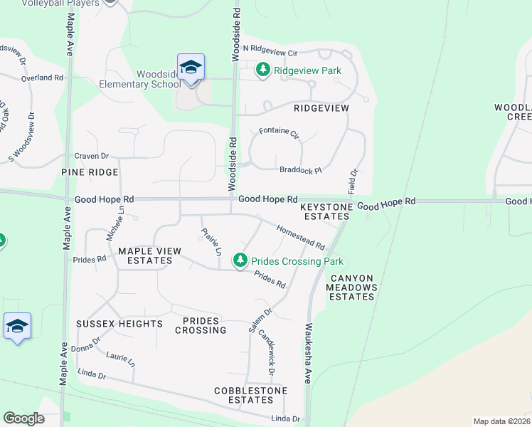map of restaurants, bars, coffee shops, grocery stores, and more near N71W23400 Homestead Road in Sussex