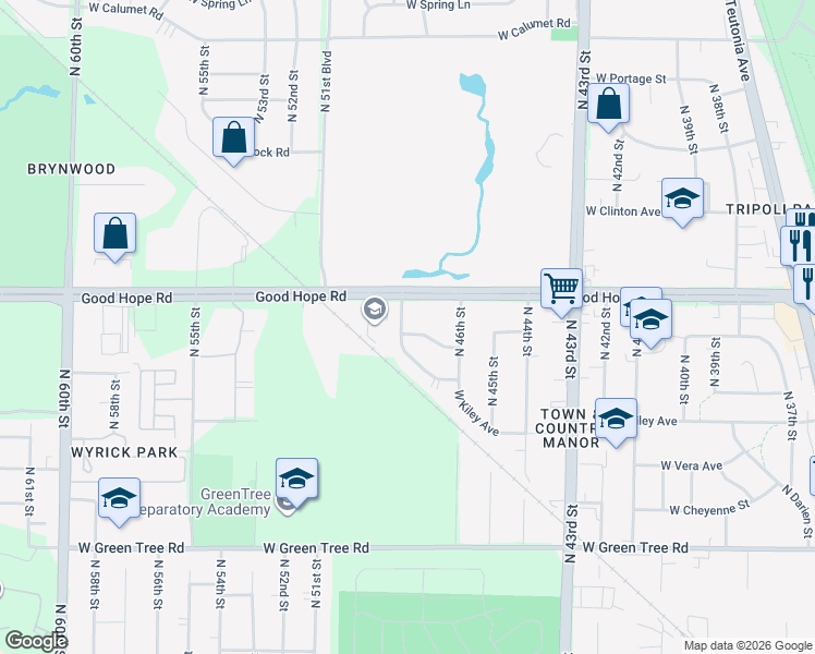 map of restaurants, bars, coffee shops, grocery stores, and more near 7140 North 48th Street in Milwaukee