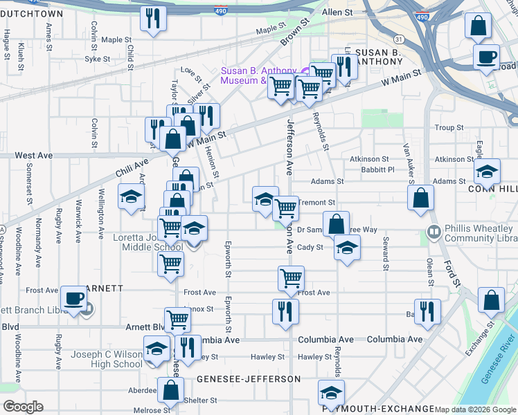 map of restaurants, bars, coffee shops, grocery stores, and more near 565 Tremont Street in Rochester
