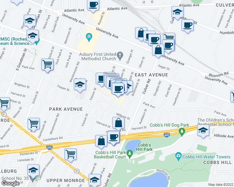 map of restaurants, bars, coffee shops, grocery stores, and more near 719 Park Avenue in Rochester