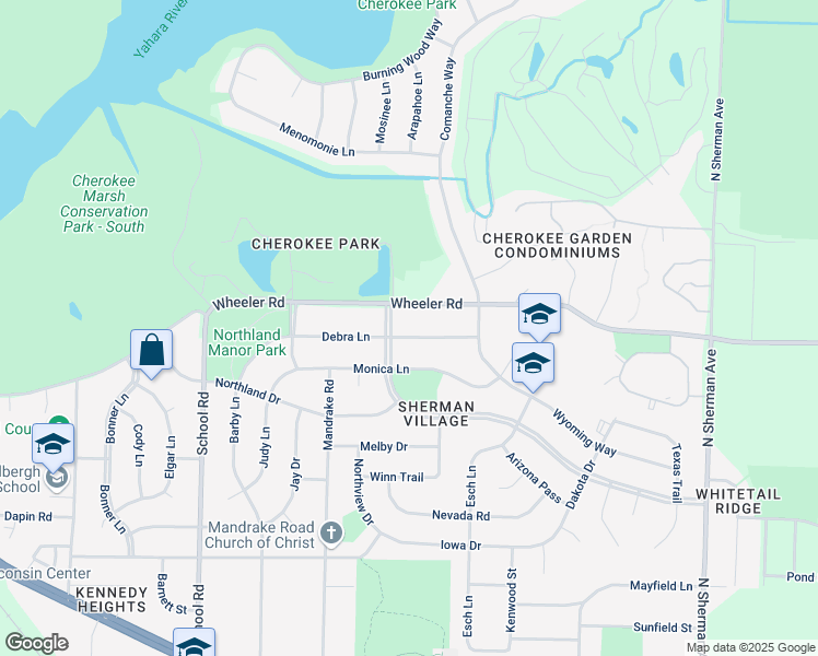 map of restaurants, bars, coffee shops, grocery stores, and more near 1214 Debra Lane in Madison