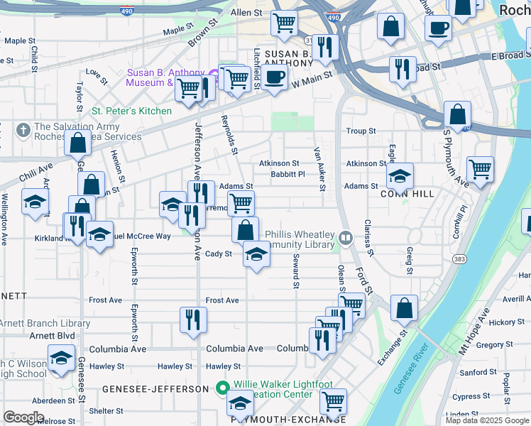 map of restaurants, bars, coffee shops, grocery stores, and more near 353 Tremont Street in Rochester