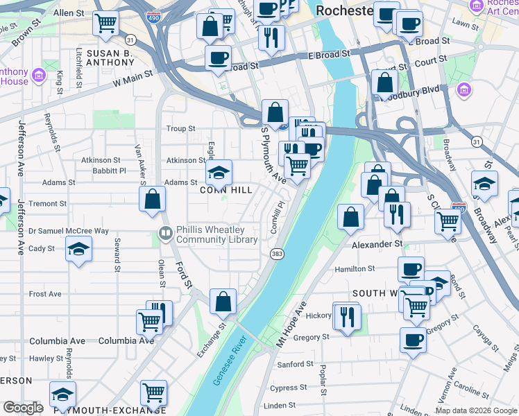 map of restaurants, bars, coffee shops, grocery stores, and more near 235 South Fitzhugh Street in Rochester