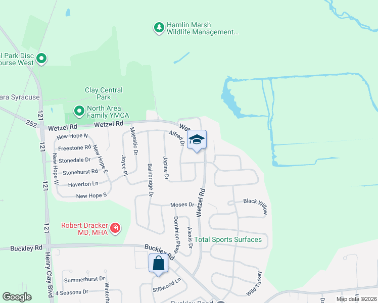 map of restaurants, bars, coffee shops, grocery stores, and more near 4989 Alfred Drive in Liverpool