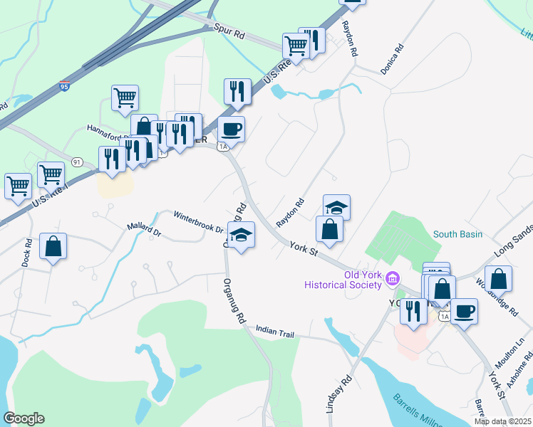map of restaurants, bars, coffee shops, grocery stores, and more near 4 Kelley Lane in York