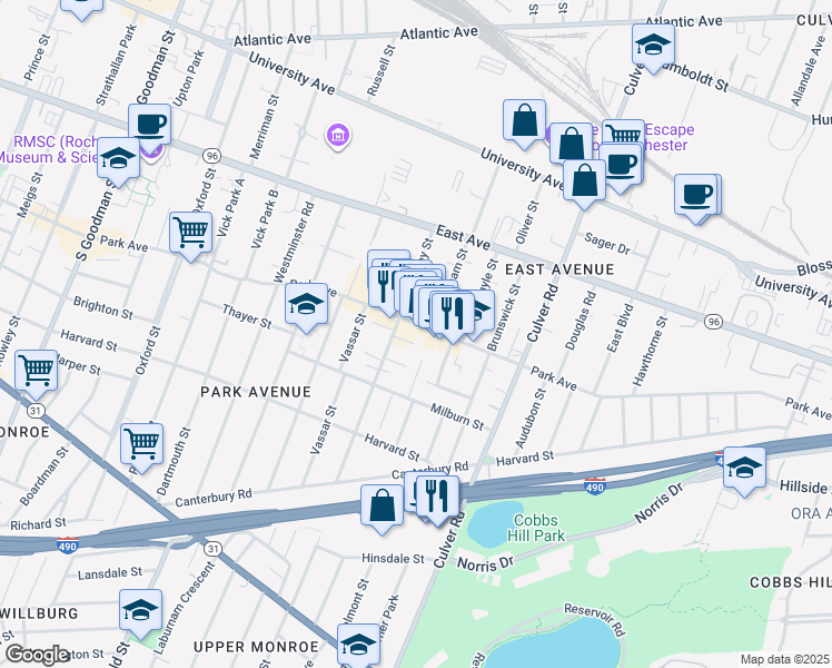 map of restaurants, bars, coffee shops, grocery stores, and more near 693 Park Avenue in Rochester