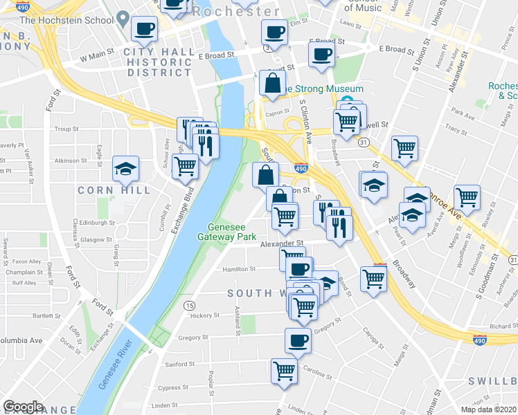 map of restaurants, bars, coffee shops, grocery stores, and more near 70 Mount Hope Avenue in Rochester