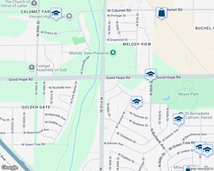 map of restaurants, bars, coffee shops, grocery stores, and more near 9049 West Helena Street in Milwaukee