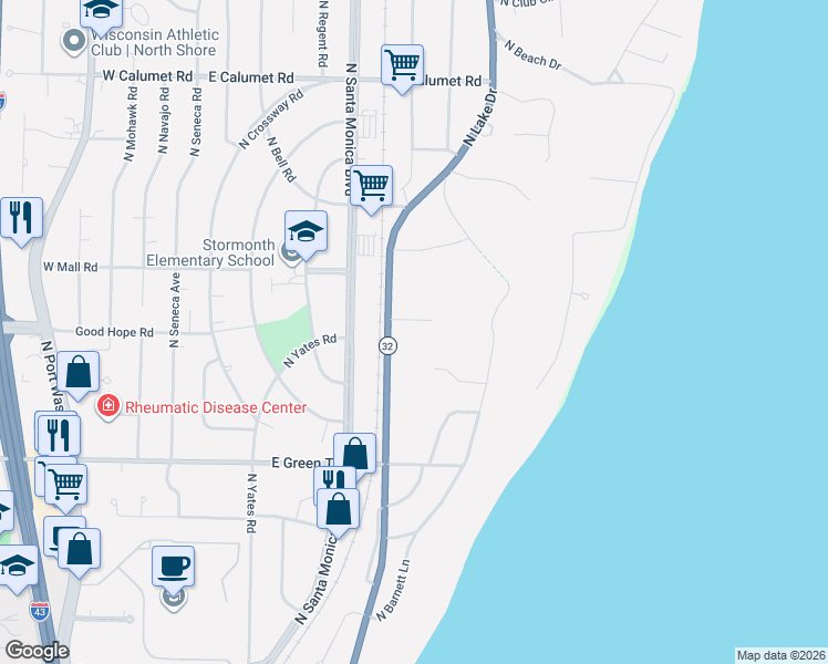 map of restaurants, bars, coffee shops, grocery stores, and more near 7138 North Lake Drive in Fox Point